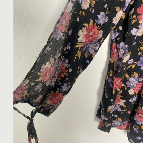 Peplum Top Floral V Neck Tie Drawstring Hipster Hippie Trendy Pullover Blouse - Picture 5 of 7